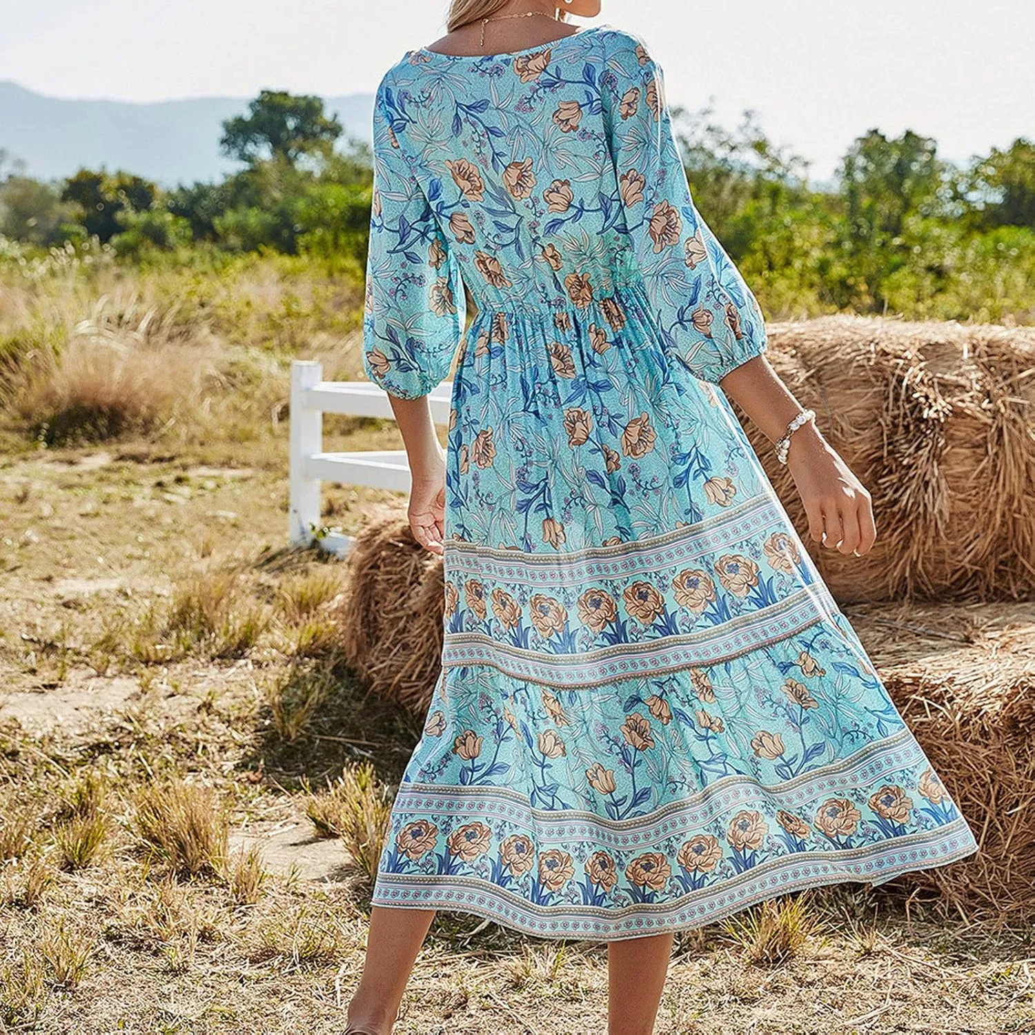 Boho Dresses for Women 2025 Summer Floral V-Neck Sleeves Puff Sleeve Maxi Dresses Flowy Beach Vacation Hawaiian Dress