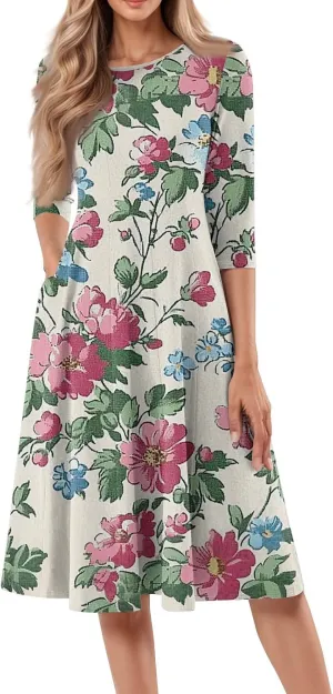 Boho Floral Dress for Women 3/4 Sleeve Summer Wrap Dress Ruched Midi Spring Flowy Vacation Dresses with Pocket