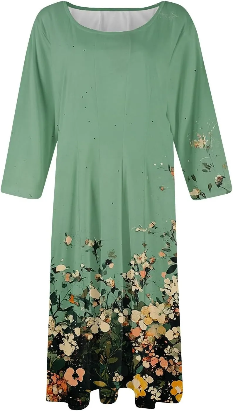 Boho Floral Dress for Women 3/4 Sleeve Summer Wrap Dress Ruched Midi Spring Flowy Vacation Dresses with Pocket