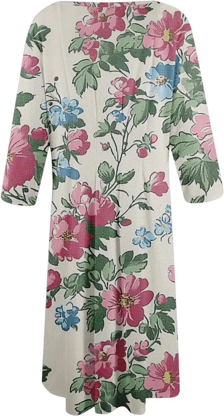 Boho Floral Dress for Women 3/4 Sleeve Summer Wrap Dress Ruched Midi Spring Flowy Vacation Dresses with Pocket