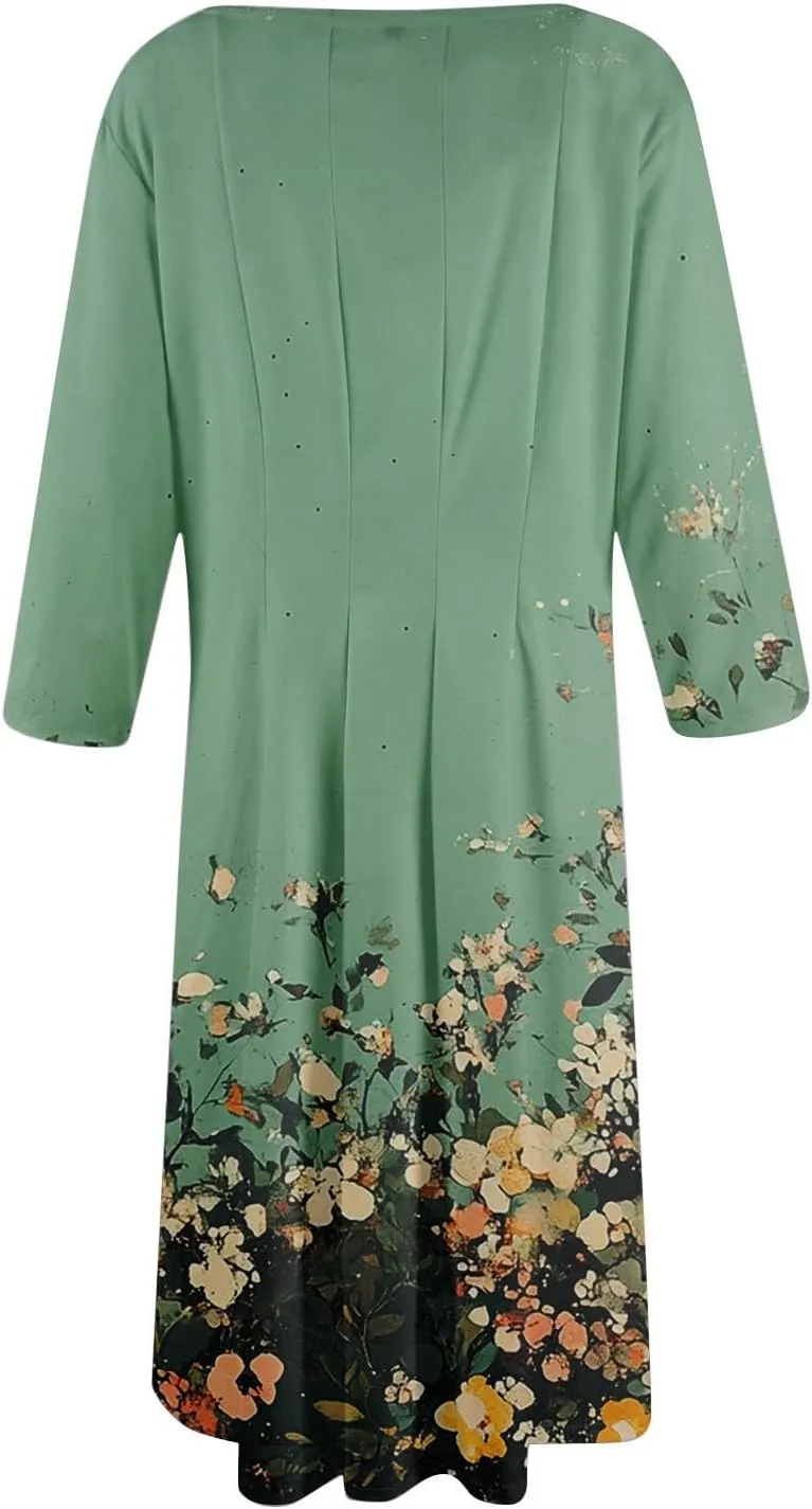 Boho Floral Dress for Women 3/4 Sleeve Summer Wrap Dress Ruched Midi Spring Flowy Vacation Dresses with Pocket