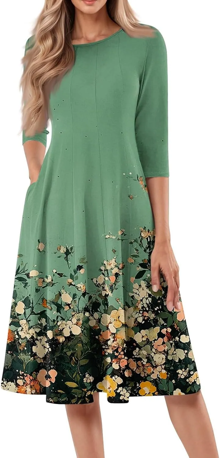 Boho Floral Dress for Women 3/4 Sleeve Summer Wrap Dress Ruched Midi Spring Flowy Vacation Dresses with Pocket