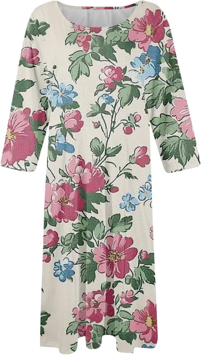 Boho Floral Dress for Women 3/4 Sleeve Summer Wrap Dress Ruched Midi Spring Flowy Vacation Dresses with Pocket