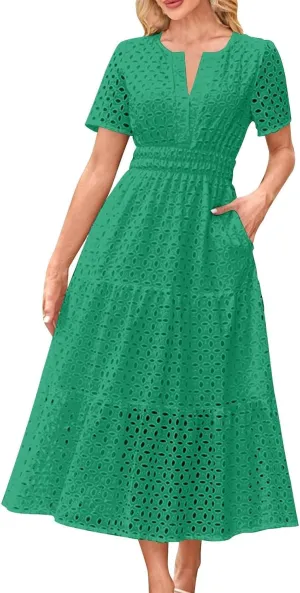 Borniu Womens 2025 Summer Maxi Dress Short Sleeve V Neck Hollow Out Eyelet A Line Long Flowy Swing Beach Vacation Dresses