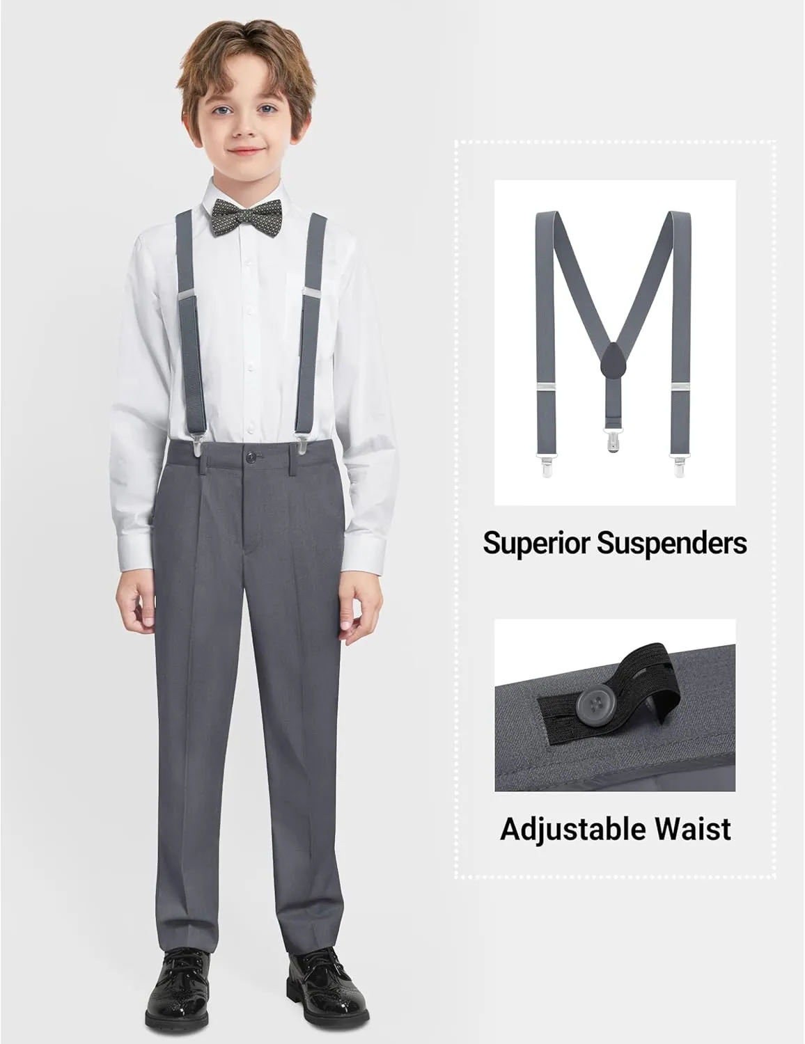Boys Formal Suits Set, from Toddlers to Teen, Adjustable Waist, with Suspenders