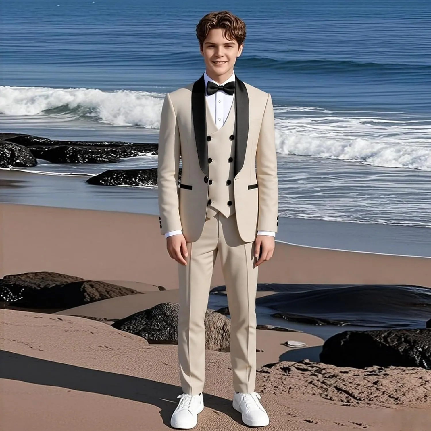 Boys Slim Fit Suits Formal Tuxedo 4 Piece Kids Dresswear Outfits with Vest Pants Jacket Bowtie Sets for Weddding