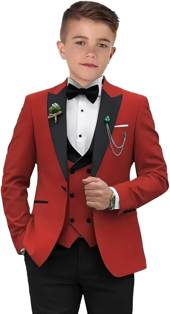 Boys Suits 3 Piece Formal Solid Slim Fit Suit Peak Lapel Blazer Pants Vest Boys Suit Double Breasted Kids Tuxedo