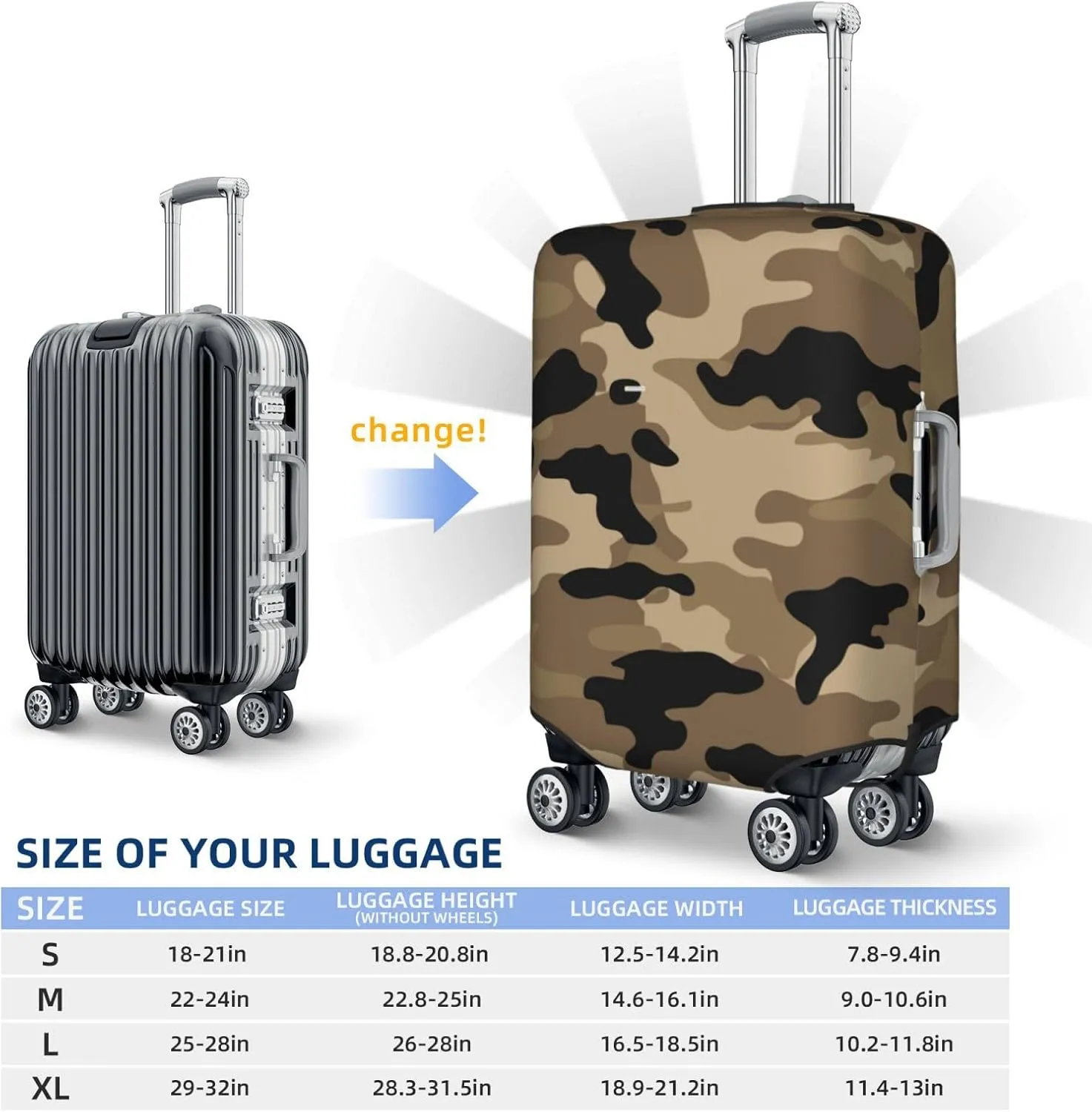 Brown Camouflage Luggage Suitcase Covers Elastic Washable Military Camo Luggage Protector Travel Suitcase Protective Cover For Kid And Adult, M (Fit 22-24 Inch Luggage)