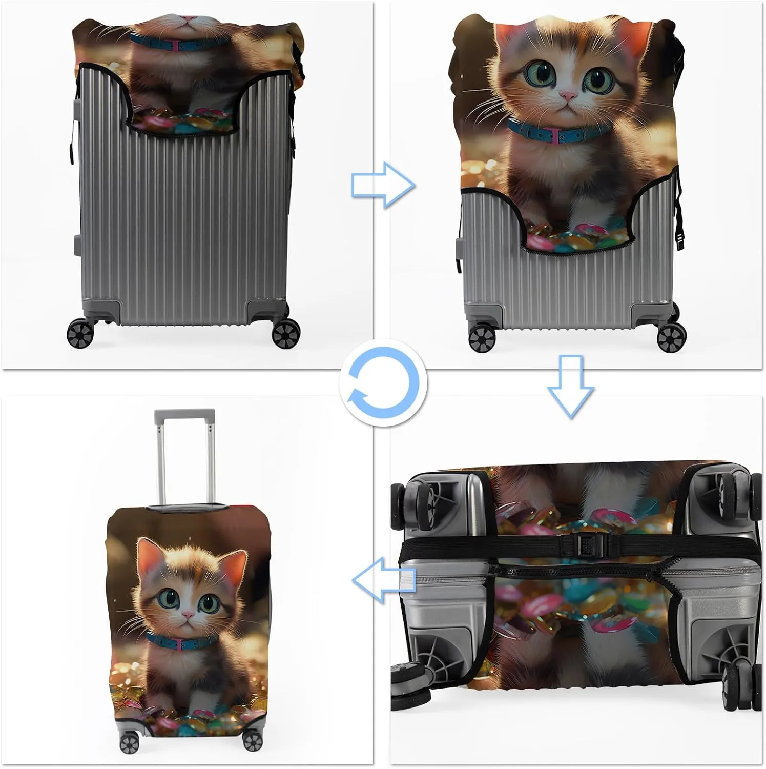 BVDIKMI Cute Kawaii Cat Suitcase Cover Elastic Protective Dustproof Washable Travel Luggage Covers for Suitcase With Cute Baggage Tag (M, Fit 22-24 Inch Luggage)