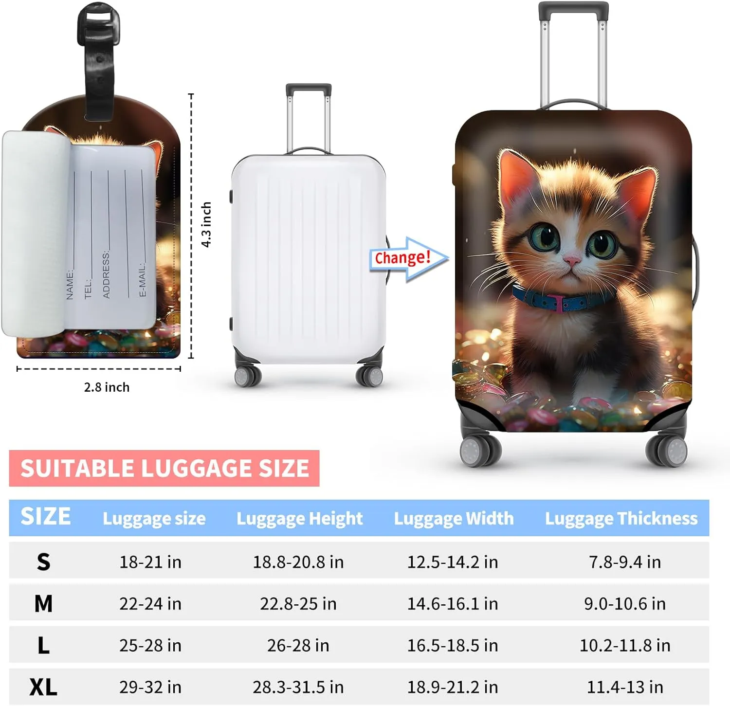 BVDIKMI Cute Kawaii Cat Suitcase Cover Elastic Protective Dustproof Washable Travel Luggage Covers for Suitcase With Cute Baggage Tag (M, Fit 22-24 Inch Luggage)