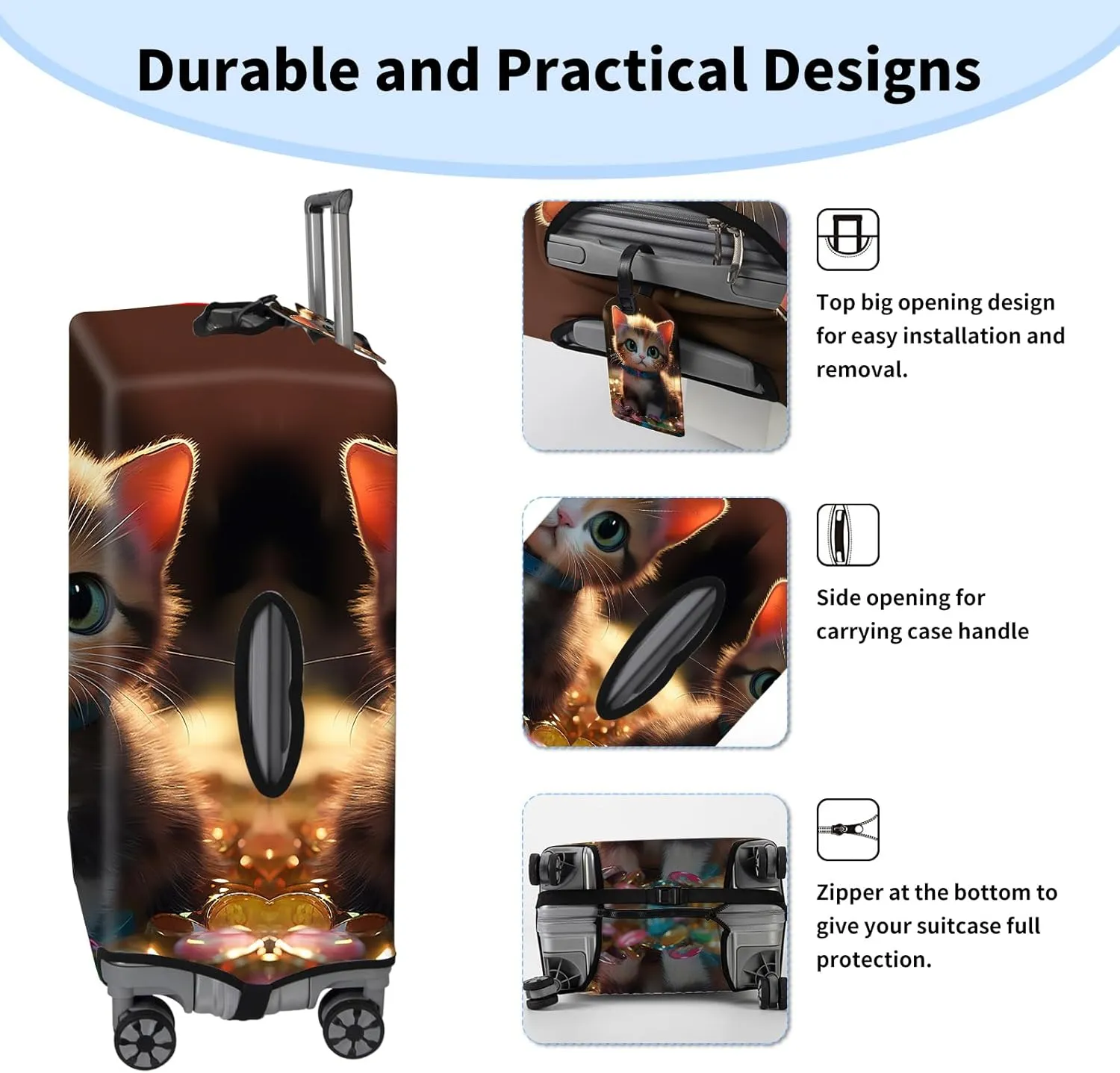 BVDIKMI Cute Kawaii Cat Suitcase Cover Elastic Protective Dustproof Washable Travel Luggage Covers for Suitcase With Cute Baggage Tag (M, Fit 22-24 Inch Luggage)