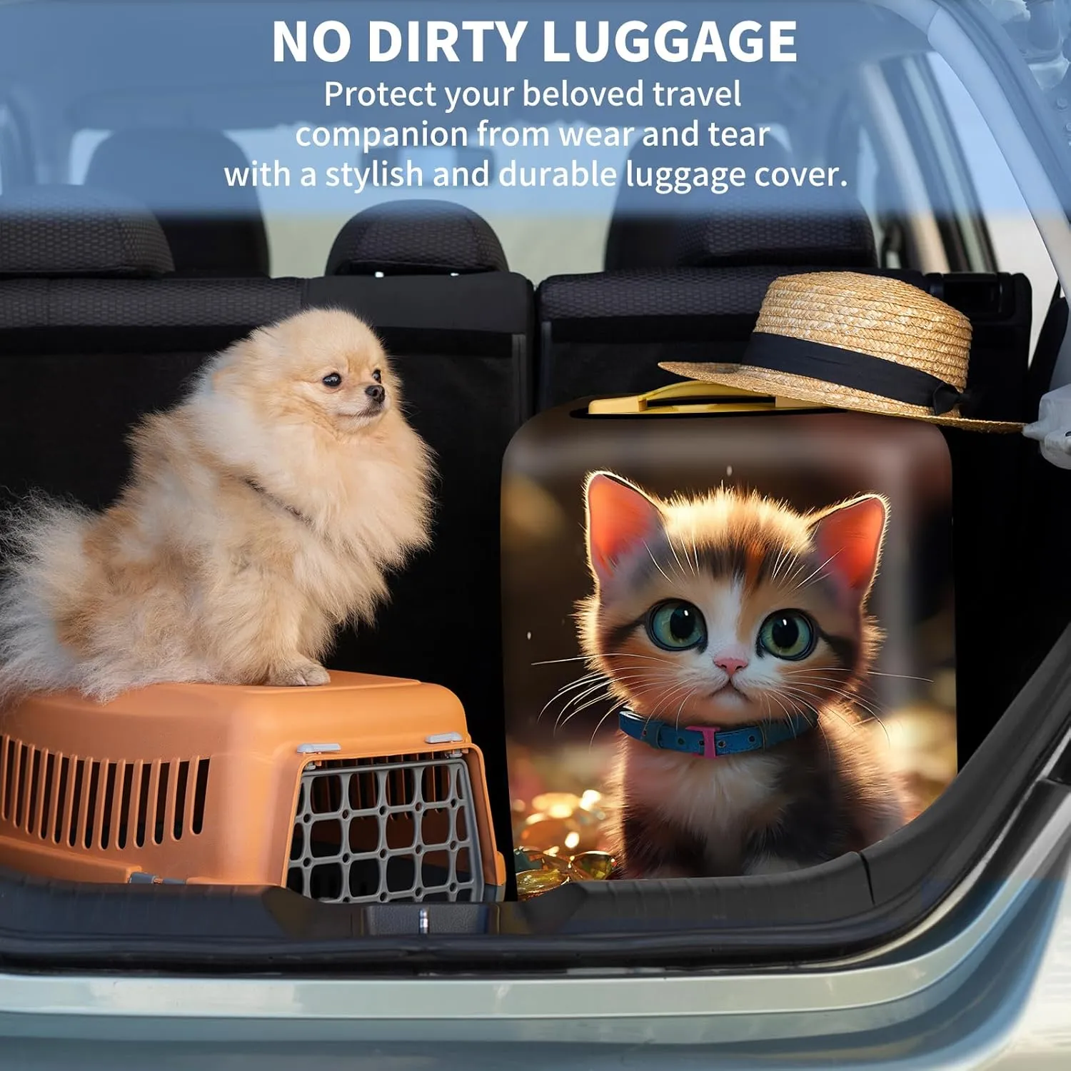 BVDIKMI Cute Kawaii Cat Suitcase Cover Elastic Protective Dustproof Washable Travel Luggage Covers for Suitcase With Cute Baggage Tag (M, Fit 22-24 Inch Luggage)