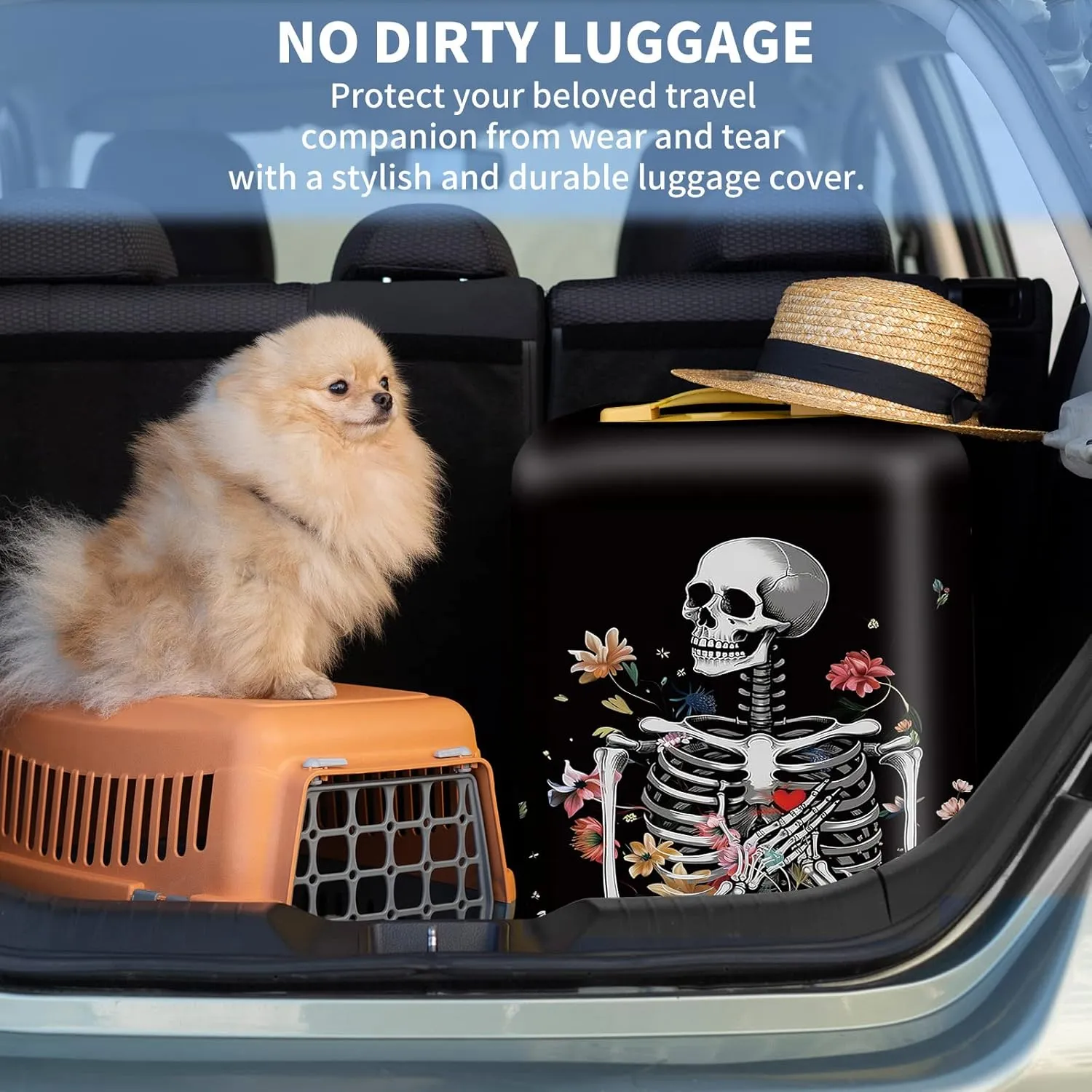BVDIKMI Floral Skull Suitcase Cover Elastic Protective Dustproof Washable Travel Luggage Covers for Suitcase With Cute Baggage Tag (M, Fit 22-24 Inch Luggage)