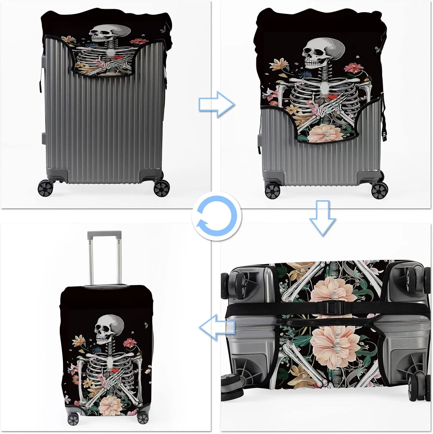 BVDIKMI Floral Skull Suitcase Cover Elastic Protective Dustproof Washable Travel Luggage Covers for Suitcase With Cute Baggage Tag (M, Fit 22-24 Inch Luggage)
