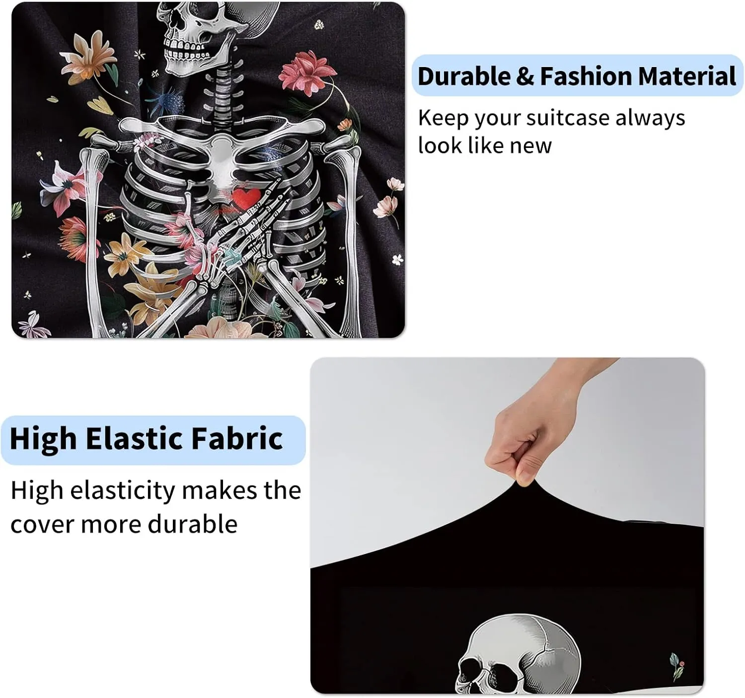 BVDIKMI Floral Skull Suitcase Cover Elastic Protective Dustproof Washable Travel Luggage Covers for Suitcase With Cute Baggage Tag (M, Fit 22-24 Inch Luggage)
