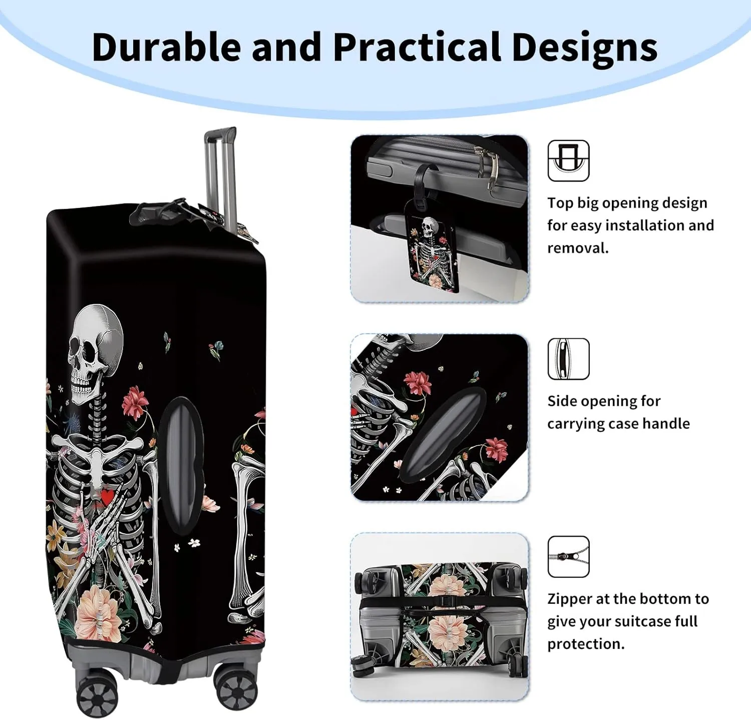 BVDIKMI Floral Skull Suitcase Cover Elastic Protective Dustproof Washable Travel Luggage Covers for Suitcase With Cute Baggage Tag (M, Fit 22-24 Inch Luggage)