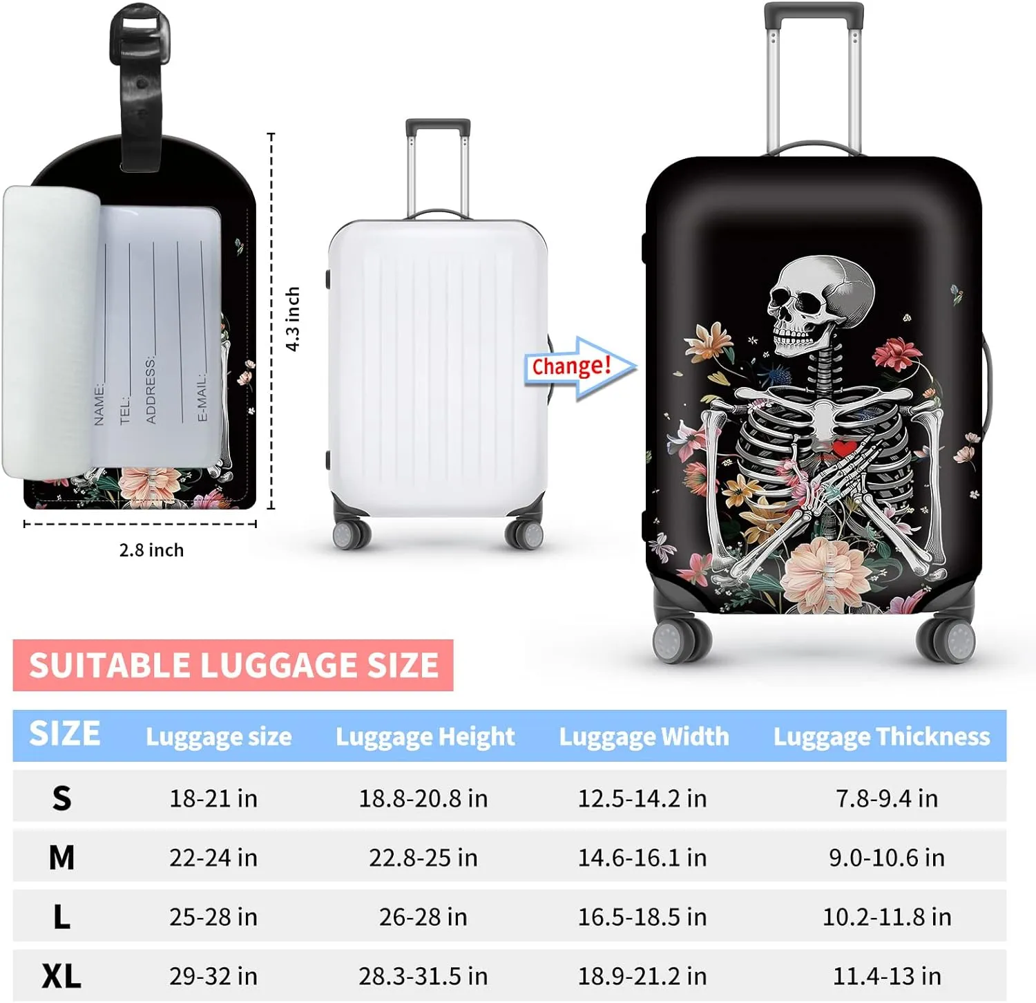 BVDIKMI Floral Skull Suitcase Cover Elastic Protective Dustproof Washable Travel Luggage Covers for Suitcase With Cute Baggage Tag (M, Fit 22-24 Inch Luggage)