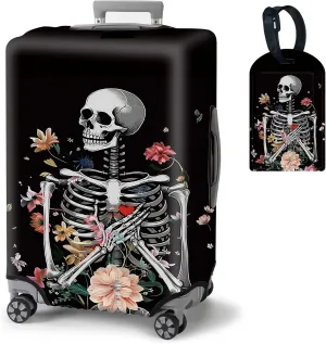 BVDIKMI Floral Skull Suitcase Cover Elastic Protective Dustproof Washable Travel Luggage Covers for Suitcase With Cute Baggage Tag (XL, Fit 29-32 Inch Luggage)