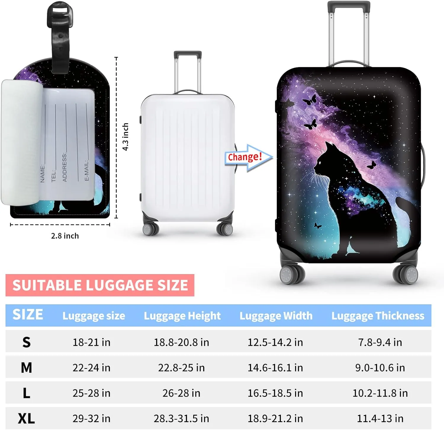 BVDIKMI Galaxy Cat Suitcase Cover Elastic Protective Dustproof Washable Travel Luggage Covers for Suitcase With Cute Baggage Tag (M, Fit 22-24 Inch Luggage)