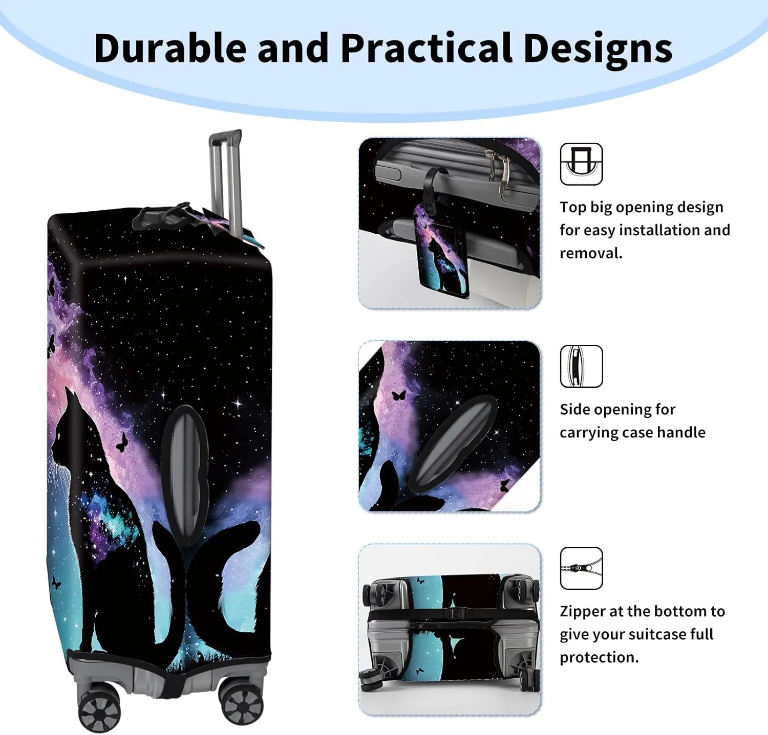 BVDIKMI Galaxy Cat Suitcase Cover Elastic Protective Dustproof Washable Travel Luggage Covers for Suitcase With Cute Baggage Tag (XL, Fit 29-32 Inch Luggage)