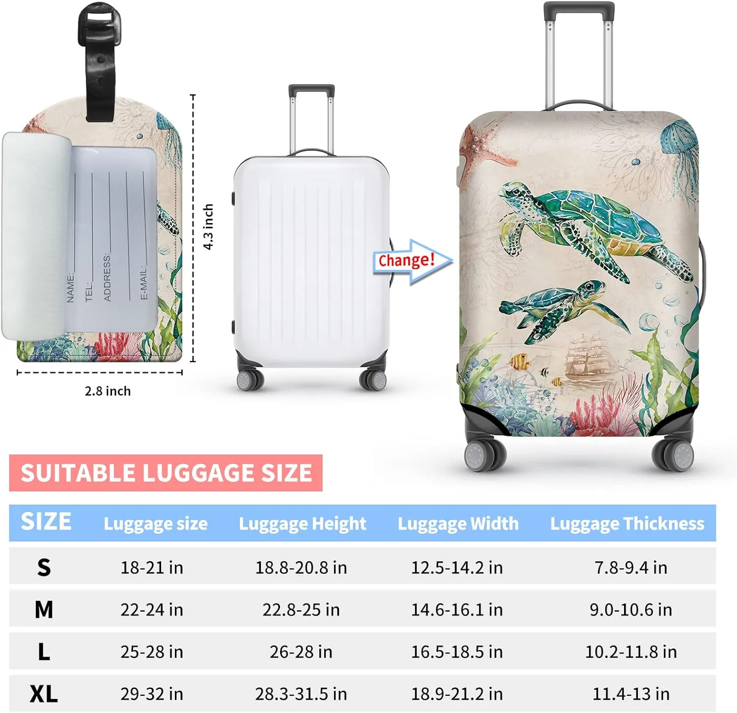 BVDIKMI Ocean Turtle Suitcase Cover Elastic Protective Dustproof Washable Travel Luggage Covers for Suitcase With Cute Baggage Tag (XL, Fit 29-32 Inch Luggage)