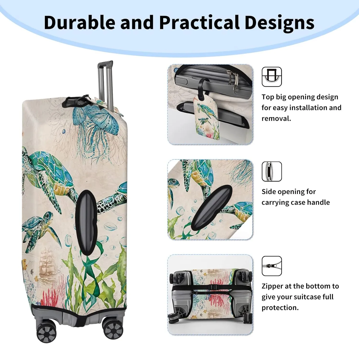 BVDIKMI Ocean Turtle Suitcase Cover Elastic Protective Dustproof Washable Travel Luggage Covers for Suitcase With Cute Baggage Tag (XL, Fit 29-32 Inch Luggage)