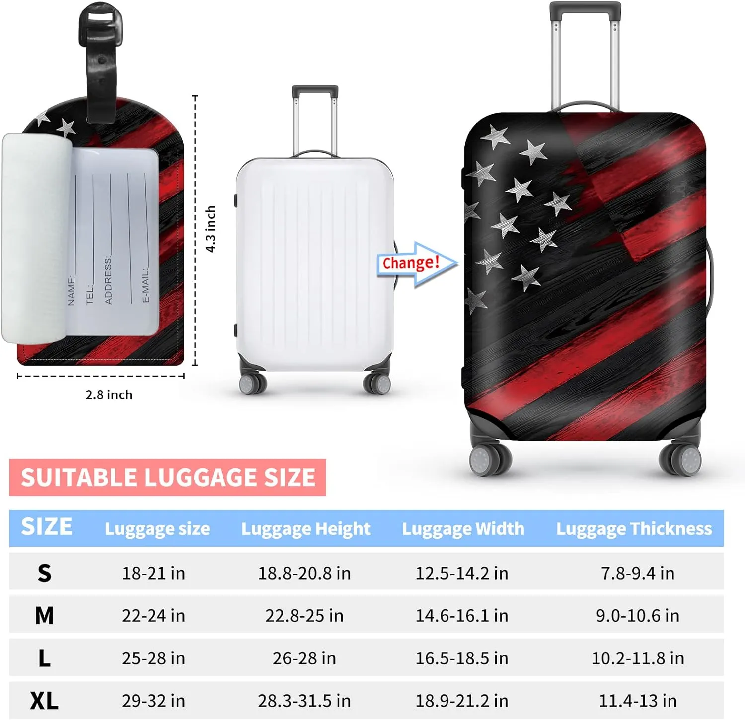 BVDIKMI Wood Grain Flag Suitcase Cover Elastic Protective Dustproof Washable Travel Luggage Covers for Suitcase With Cute Baggage Tag (S, Fit 18-21 Inch Luggage)