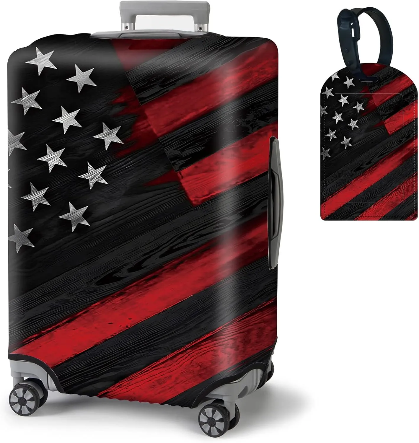 BVDIKMI Wood Grain Flag Suitcase Cover Elastic Protective Dustproof Washable Travel Luggage Covers for Suitcase With Cute Baggage Tag (S, Fit 18-21 Inch Luggage)