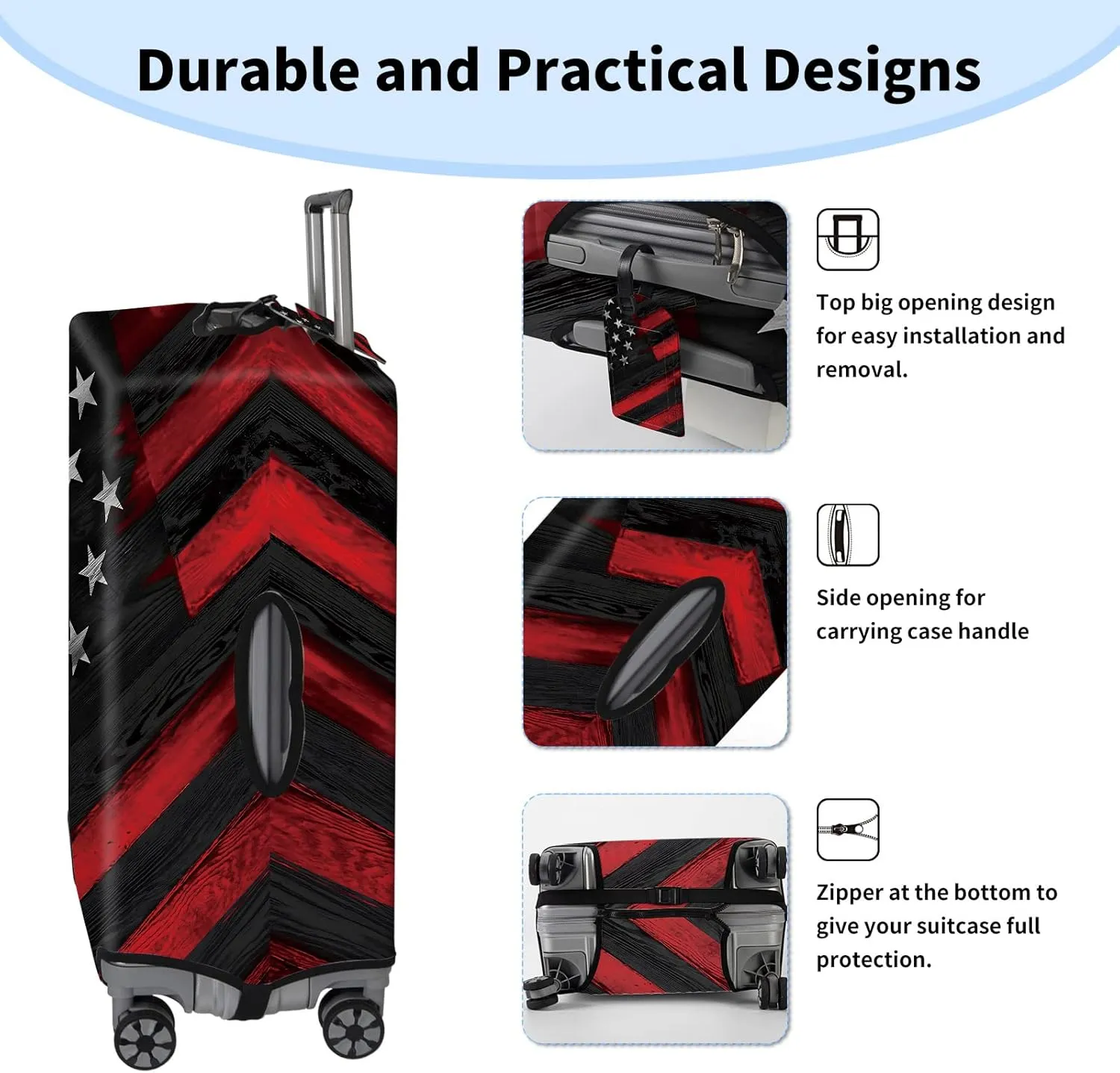 BVDIKMI Wood Grain Flag Suitcase Cover Elastic Protective Dustproof Washable Travel Luggage Covers for Suitcase With Cute Baggage Tag (S, Fit 18-21 Inch Luggage)