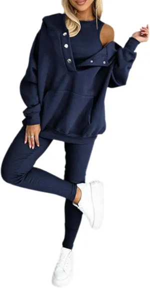Calmlily 3 Piece Hoodie Set Women, Calmlily Solid Oversized Button Hoodie, Casual Hooded & Sweatshirt Suit