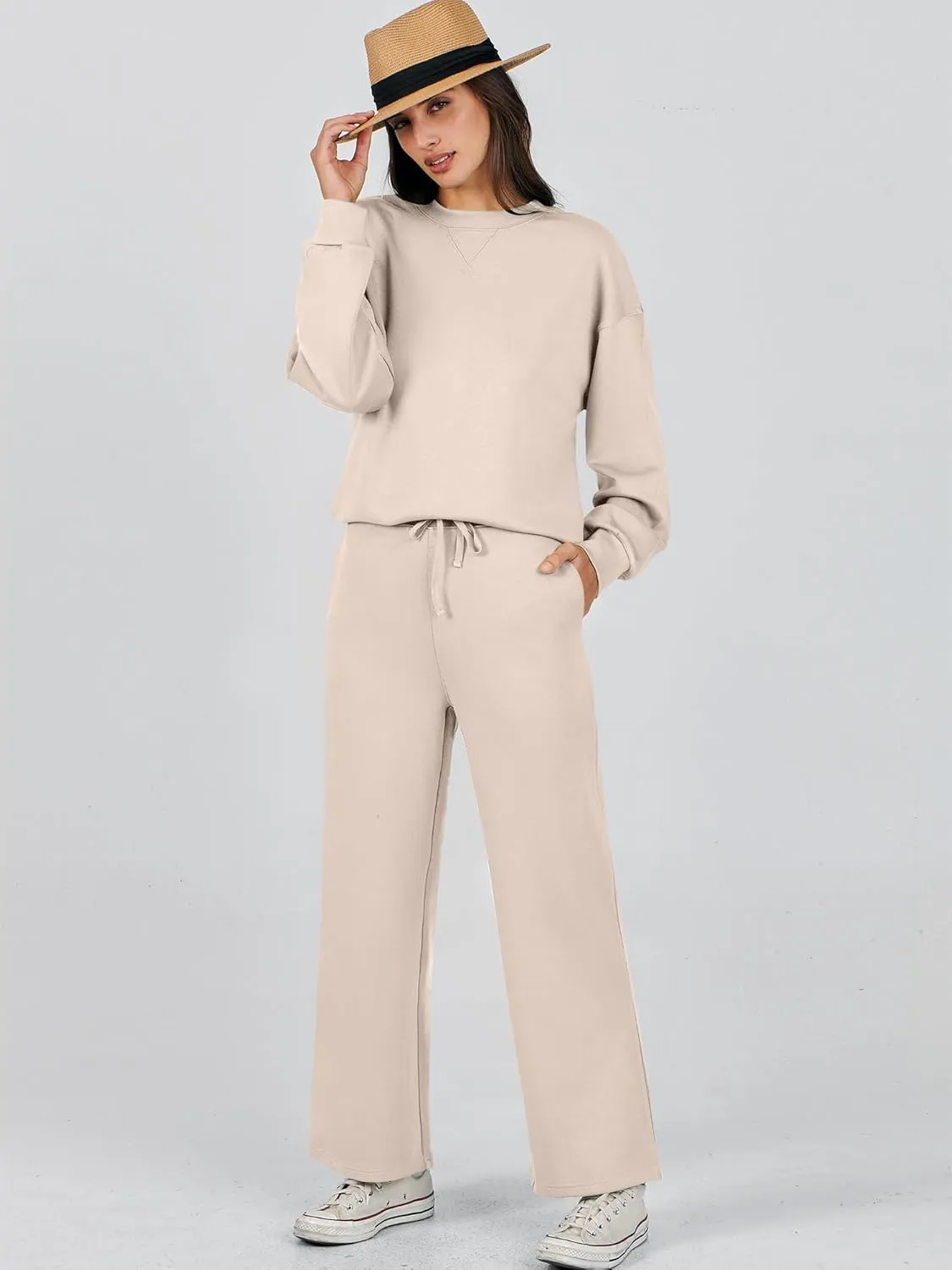 Caracilia Women's 2 Piece Outfits Sweatsuit Fall Crewneck Sweatshirts Wide Leg Pants Lounge Matching Sweat Sets Tracksuit
