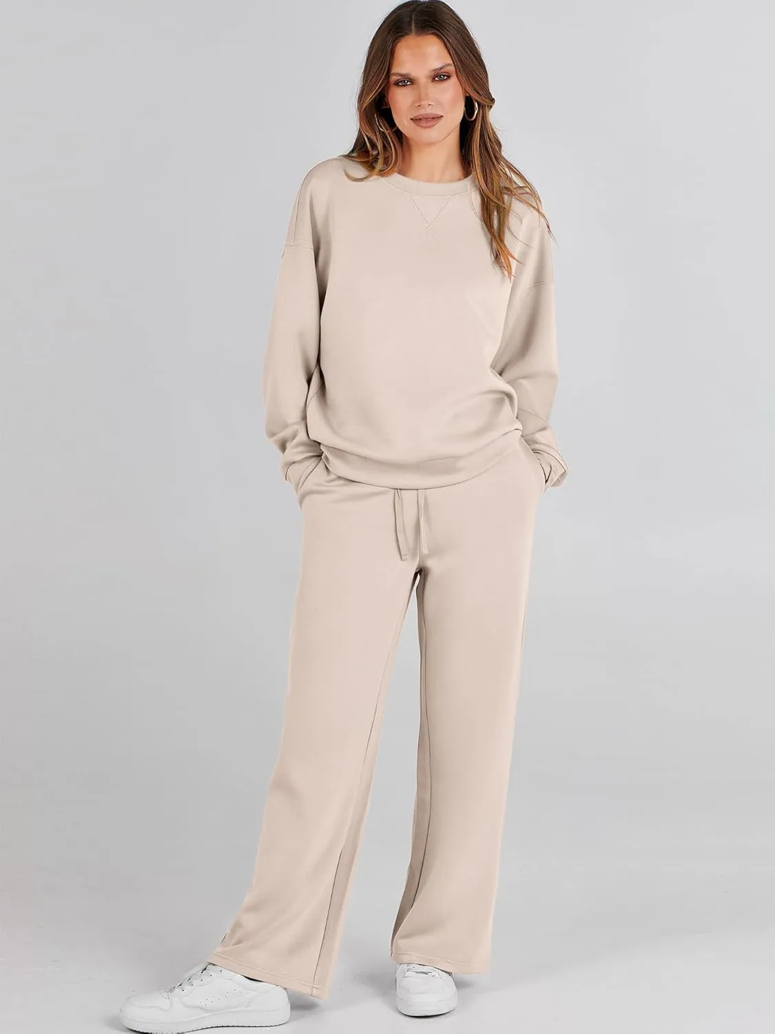 Caracilia Women's 2 Piece Outfits Sweatsuit Fall Crewneck Sweatshirts Wide Leg Pants Lounge Matching Sweat Sets Tracksuit