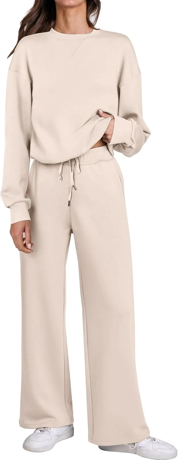 Caracilia Women's 2 Piece Outfits Sweatsuit Fall Crewneck Sweatshirts Wide Leg Pants Lounge Matching Sweat Sets Tracksuit