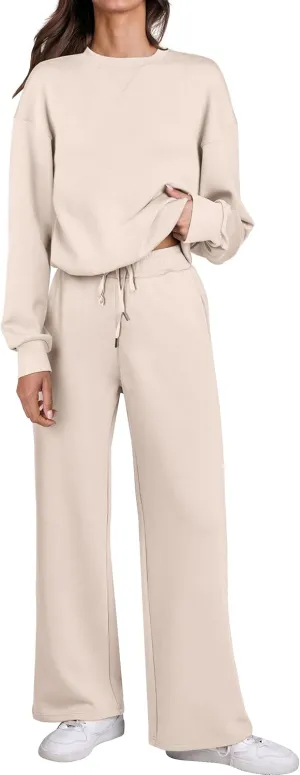 Caracilia Women's 2 Piece Outfits Sweatsuit Fall Crewneck Sweatshirts Wide Leg Pants Lounge Matching Sweat Sets Tracksuit