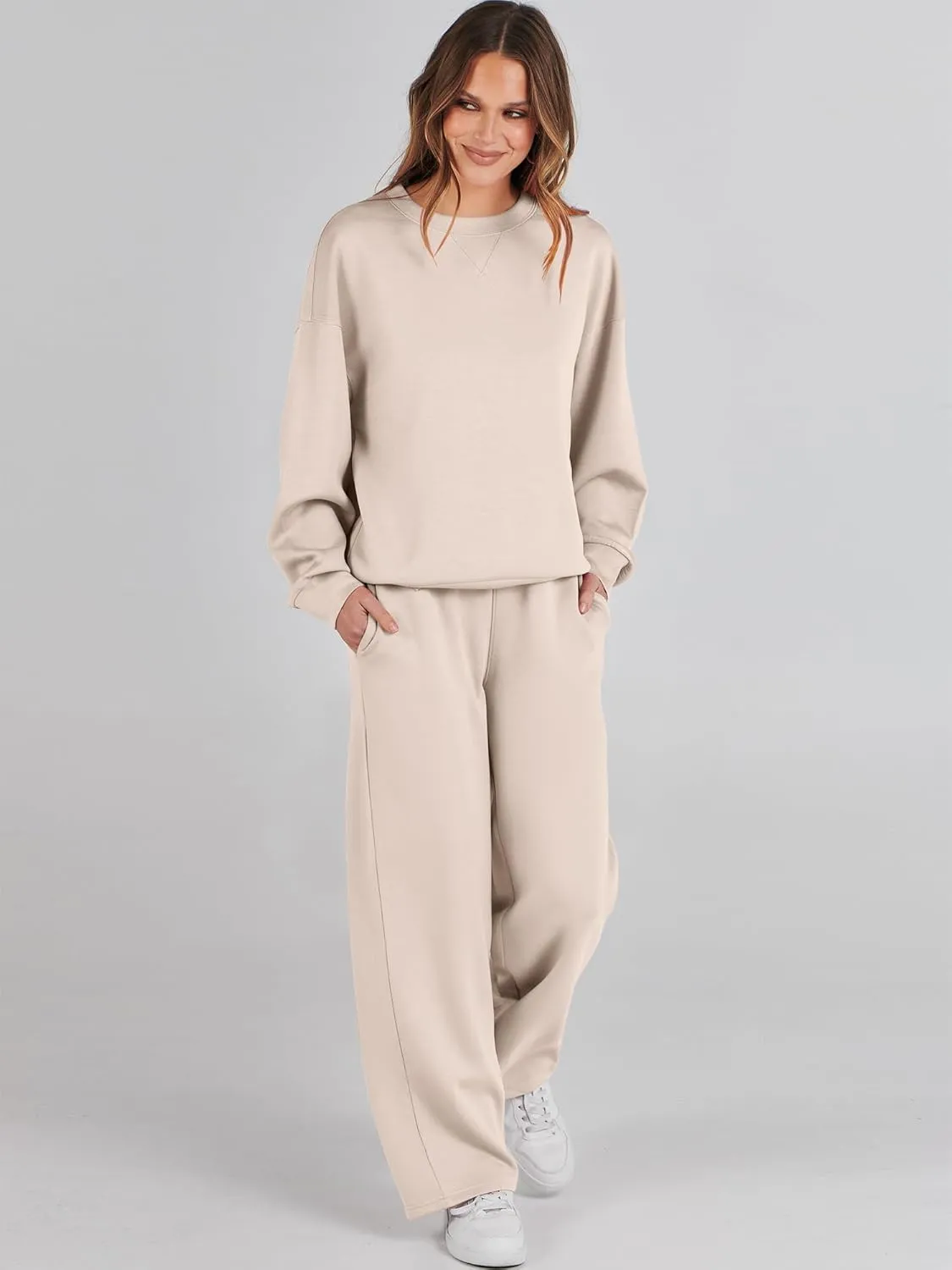 Caracilia Women's 2 Piece Outfits Sweatsuit Fall Crewneck Sweatshirts Wide Leg Pants Lounge Matching Sweat Sets Tracksuit