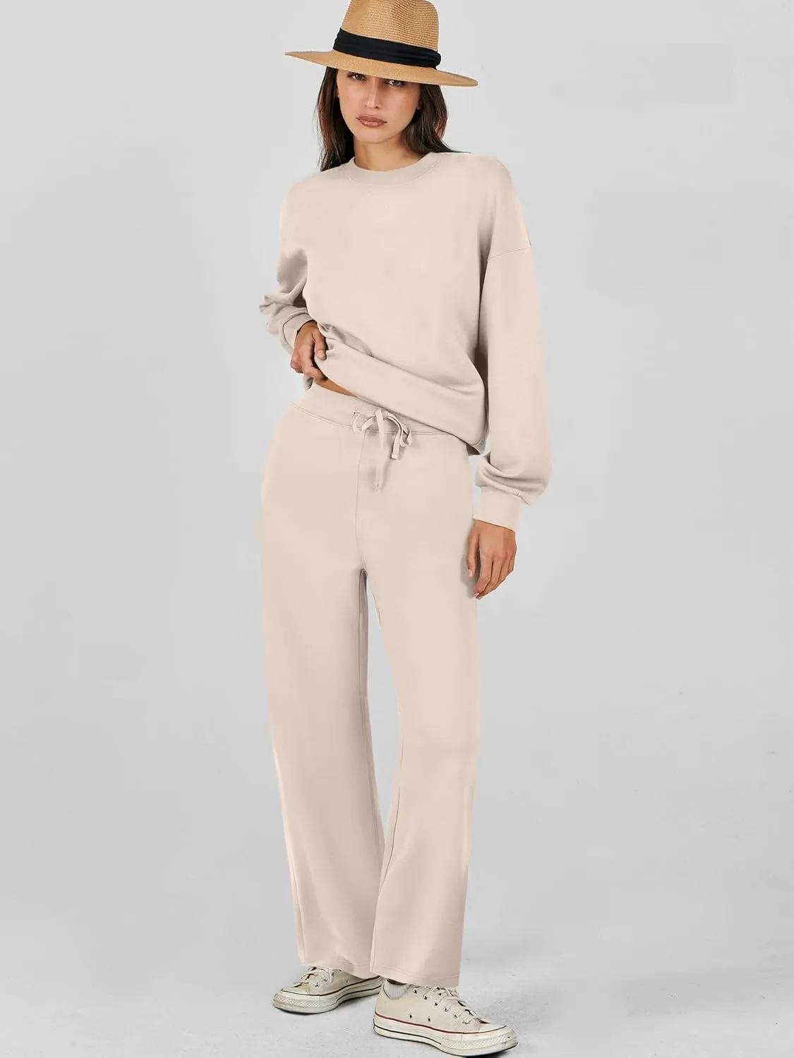Caracilia Women's 2 Piece Outfits Sweatsuit Fall Crewneck Sweatshirts Wide Leg Pants Lounge Matching Sweat Sets Tracksuit