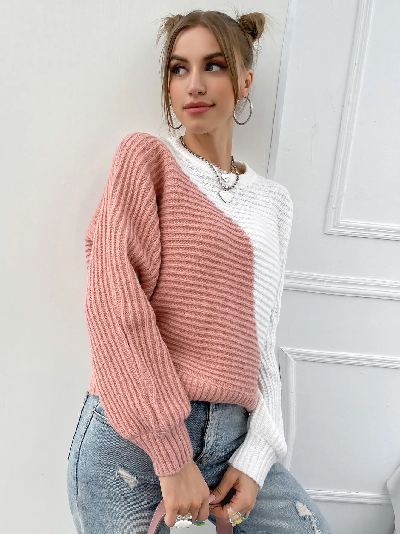 Casual Colorblock Rib-Knit Long Sleeve Stand Collar Regular Women Sweater