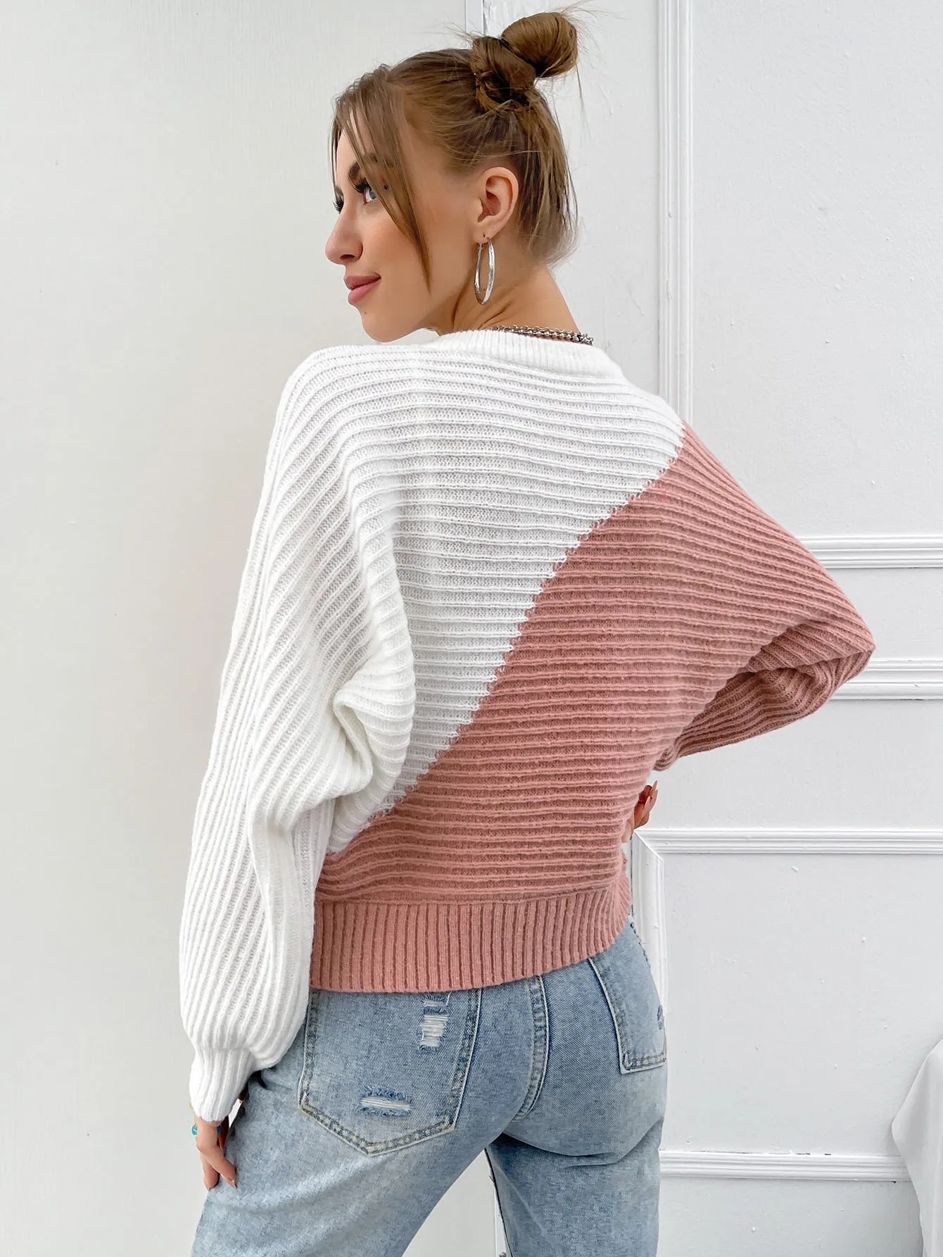 Casual Colorblock Rib-Knit Long Sleeve Stand Collar Regular Women Sweater