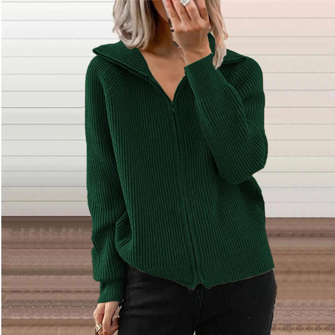 Casual Loose Zipper Cardigan Long Sleeve Lapel Knit Jacket Wholesale Womens Clothing