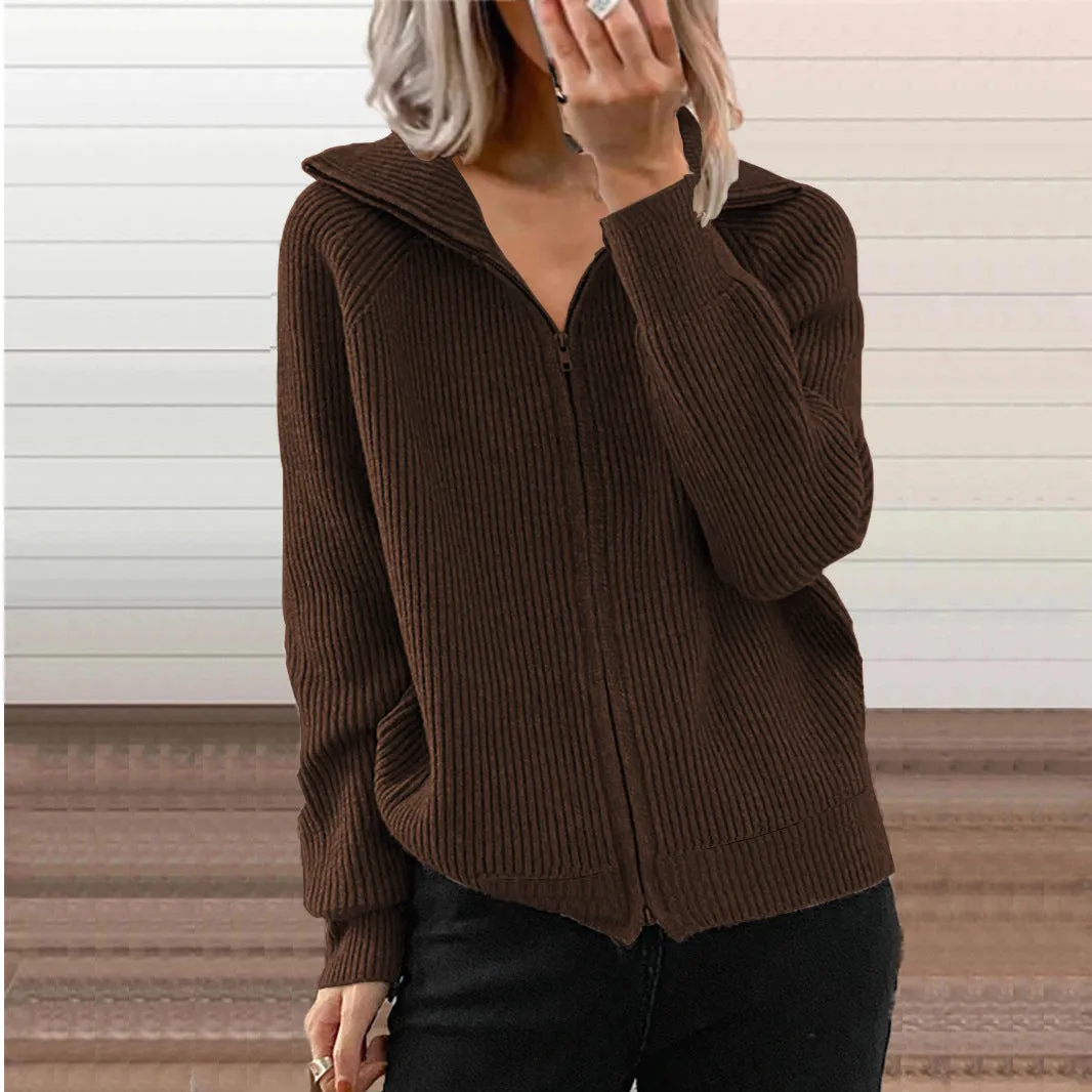 Casual Loose Zipper Cardigan Long Sleeve Lapel Knit Jacket Wholesale Womens Clothing