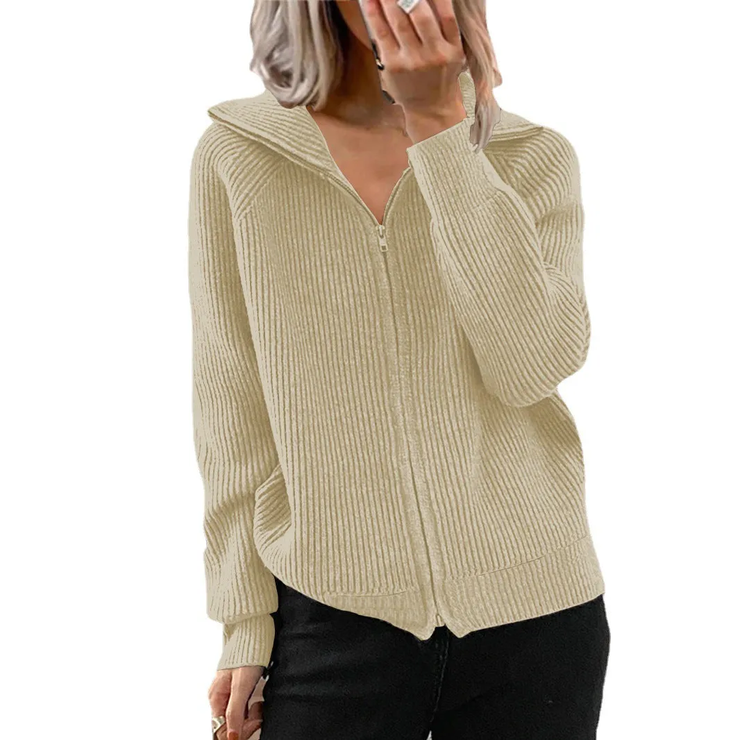 Casual Loose Zipper Cardigan Long Sleeve Lapel Knit Jacket Wholesale Womens Clothing
