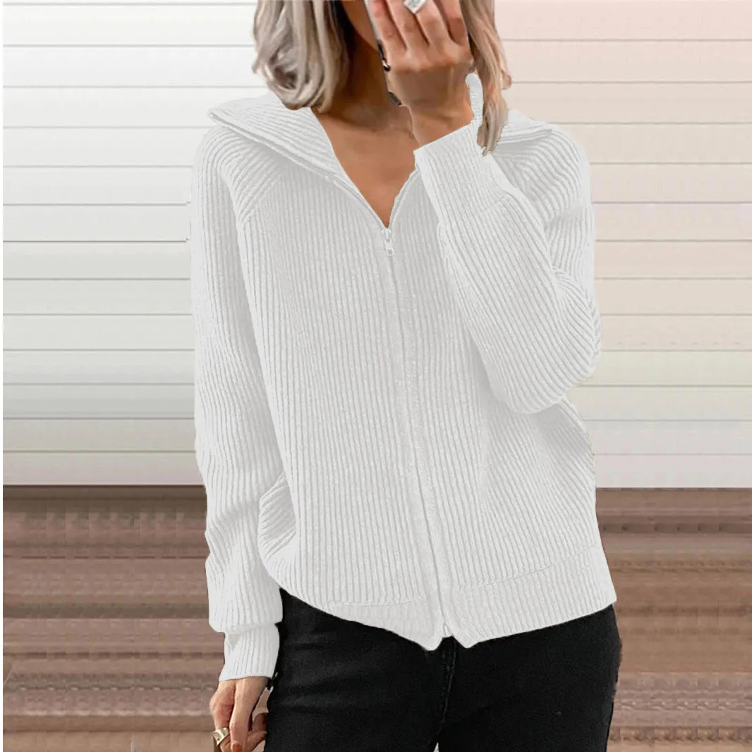 Casual Loose Zipper Cardigan Long Sleeve Lapel Knit Jacket Wholesale Womens Clothing