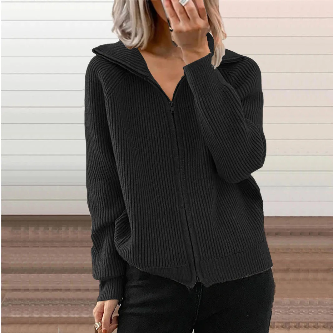 Casual Loose Zipper Cardigan Long Sleeve Lapel Knit Jacket Wholesale Womens Clothing