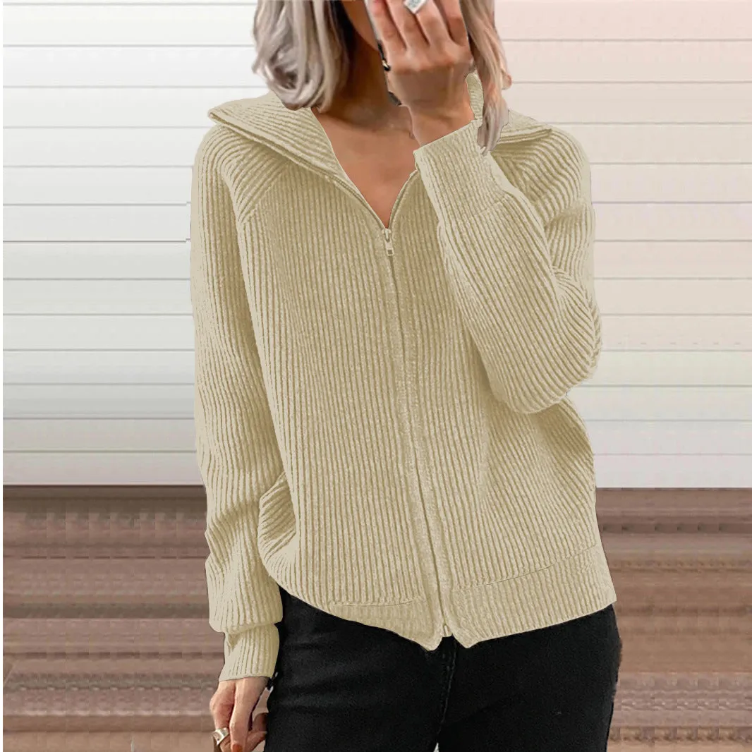 Casual Loose Zipper Cardigan Long Sleeve Lapel Knit Jacket Wholesale Womens Clothing