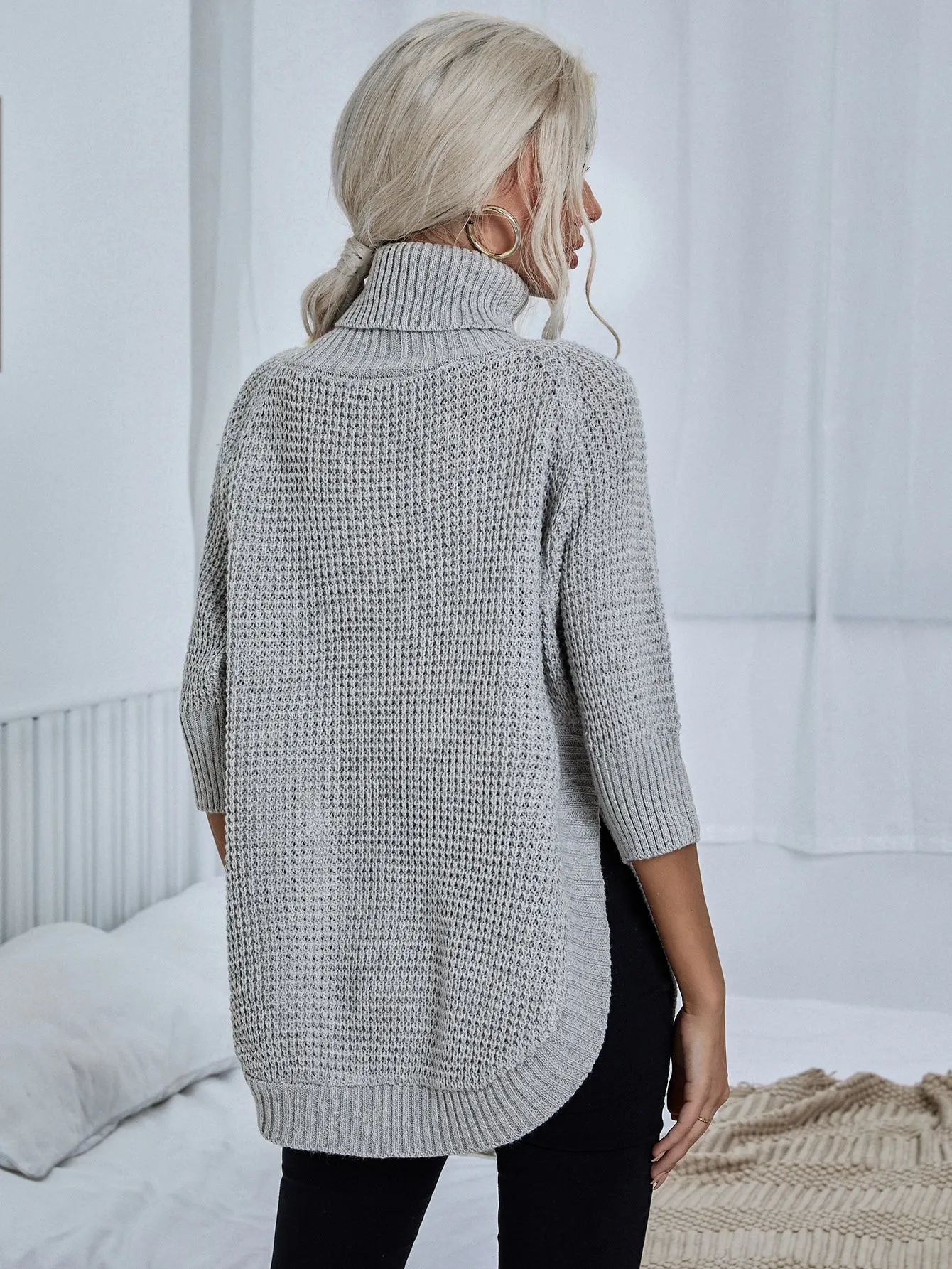 Casual Plain Rib-Knit Long Sleeve Funnel Neck Semi-Sheer Asymmetrical Long Women Sweater