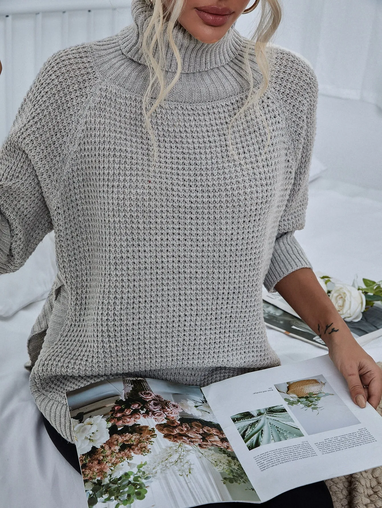 Casual Plain Rib-Knit Long Sleeve Funnel Neck Semi-Sheer Asymmetrical Long Women Sweater