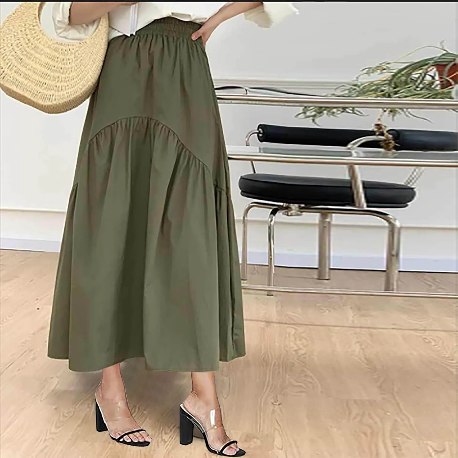 Casual Skirts for Women Pleated Midi Skirts High Waist Commuting Skirts All-Match Comfy Skirt Fall Loose Skirt