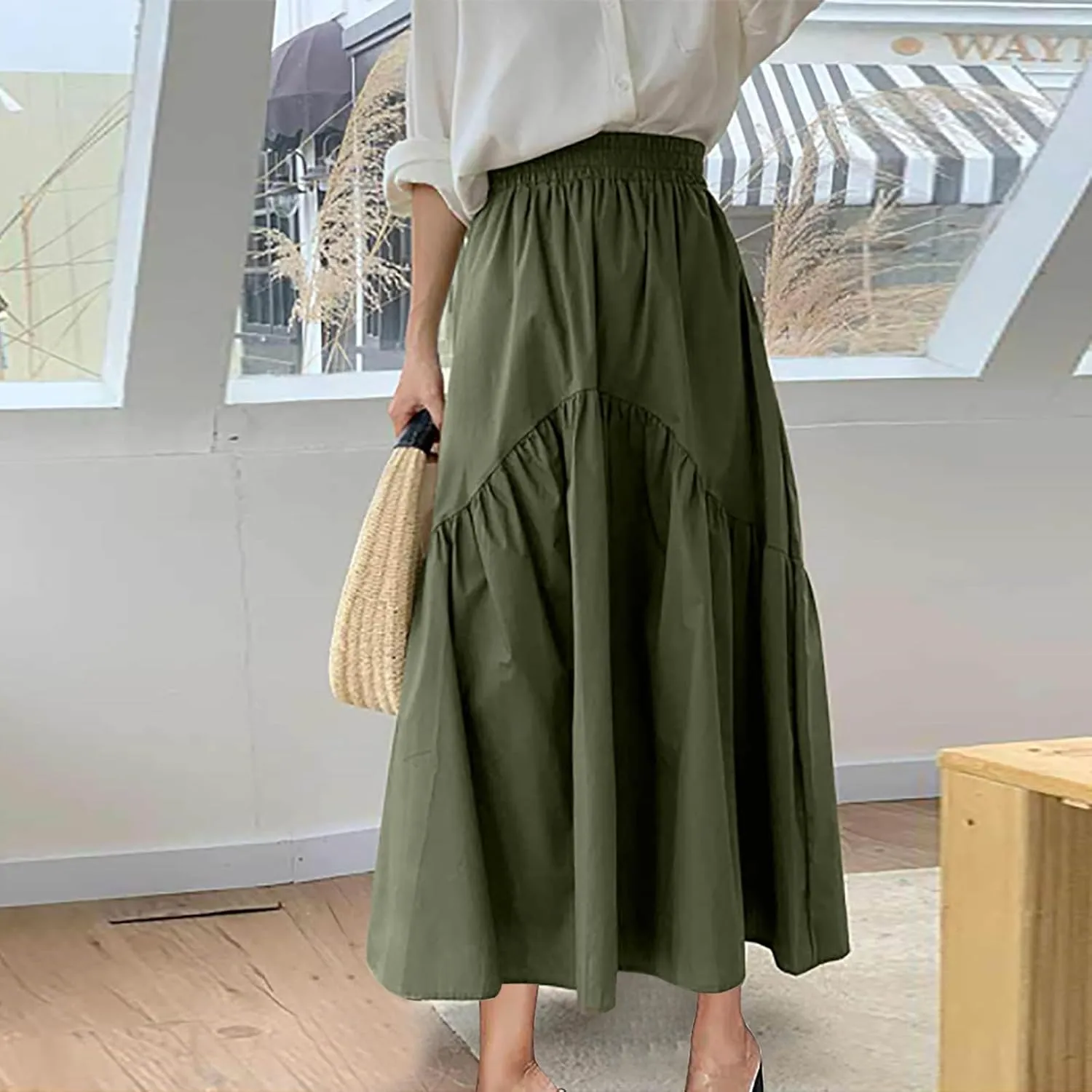 Casual Skirts for Women Pleated Midi Skirts High Waist Commuting Skirts All-Match Comfy Skirt Fall Loose Skirt