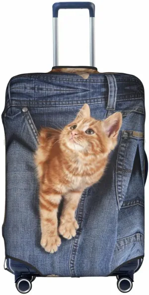 Cat Kitten Playing in Jeans Pocket Travel Luggage Cover Fits 18-32 Inch Luggage, Stretch Suitcase Cover Protector with Concealed Zipper for Wheeled Suitcase Tsa Approved