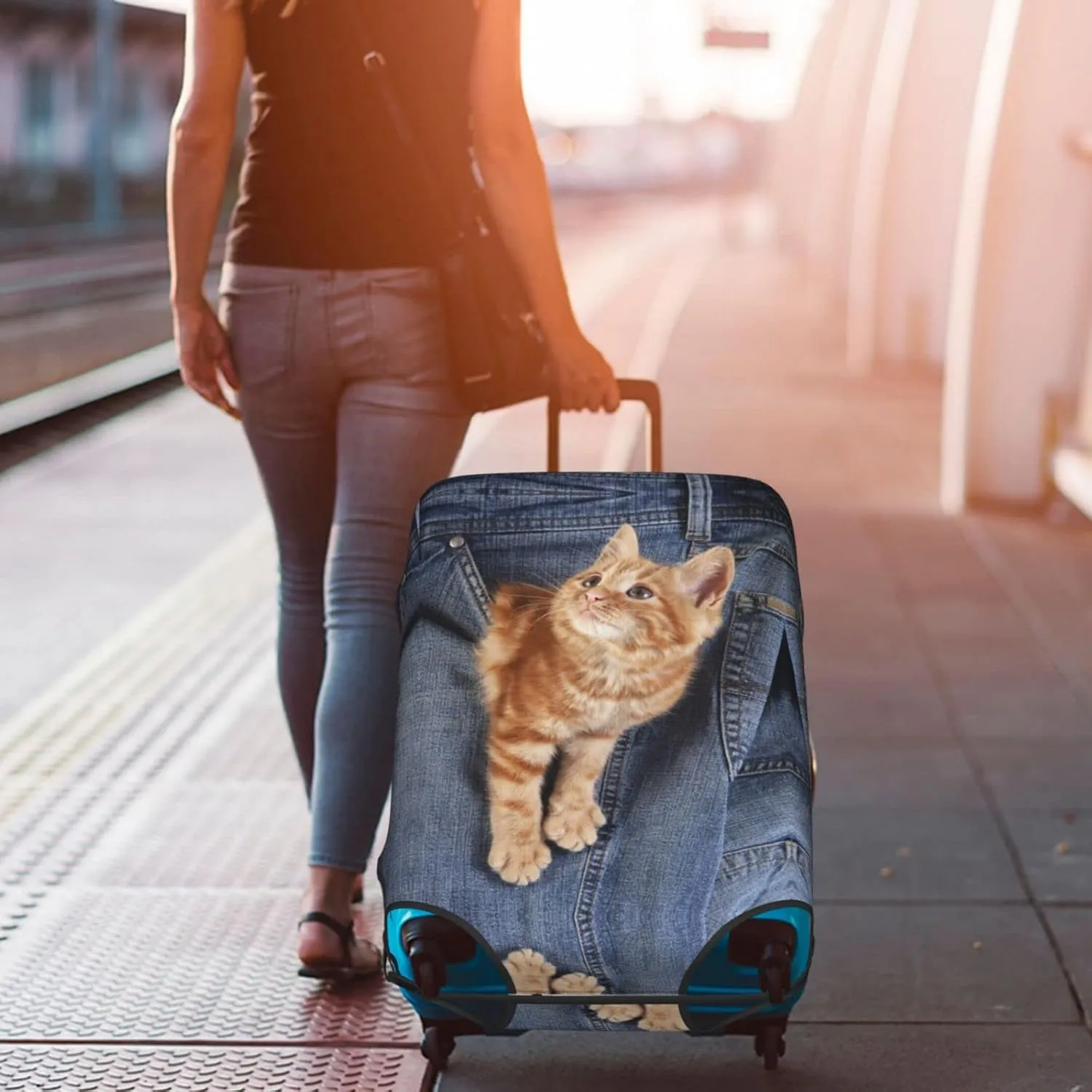 Cat Kitten Playing in Jeans Pocket Travel Luggage Cover Fits 18-32 Inch Luggage, Stretch Suitcase Cover Protector with Concealed Zipper for Wheeled Suitcase Tsa Approved